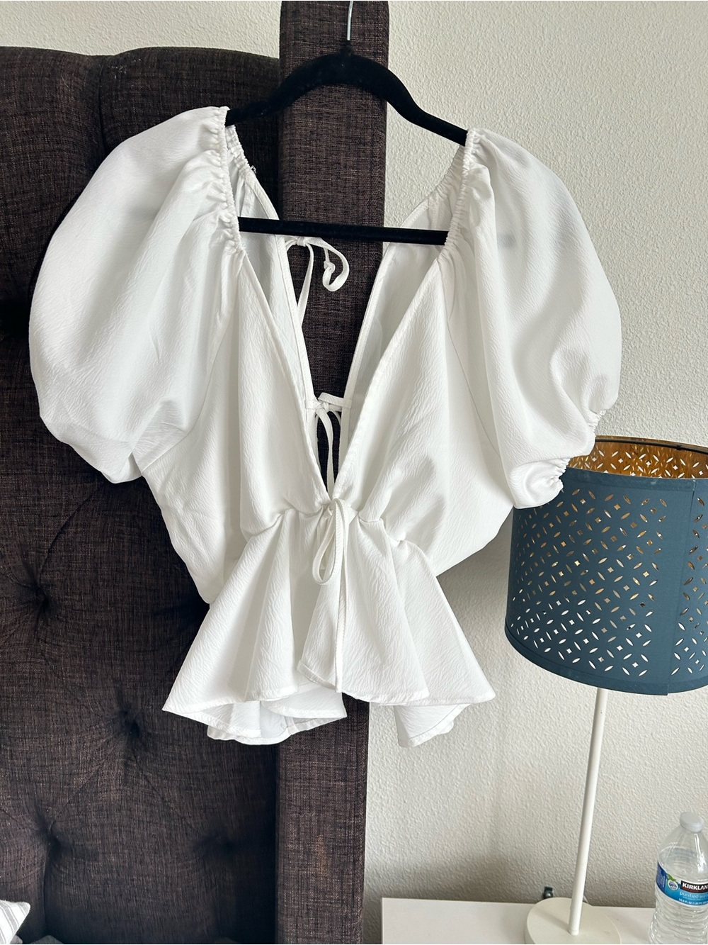 White Puff-Sleeve Tie-Front Peplum Top